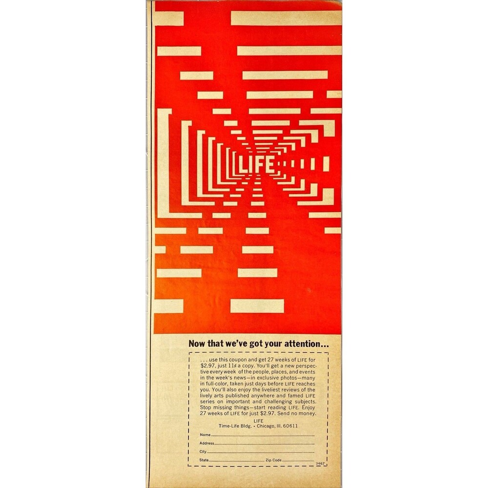 Life Magazine Subscription Offer "27 weeks for $2.97" Vintage Print Ad 1965